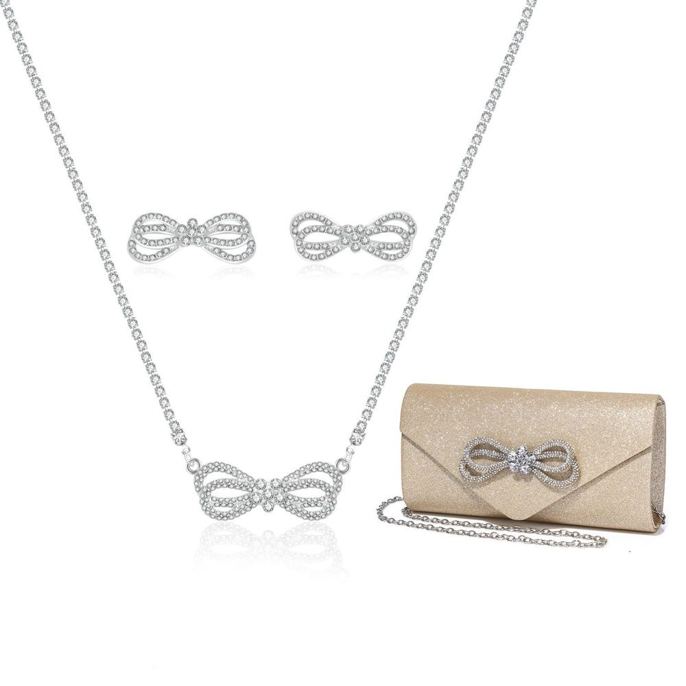 Detara Elegant Rhinestone Bow Clutch - Purse & Jewelry Set for Bridesmaids